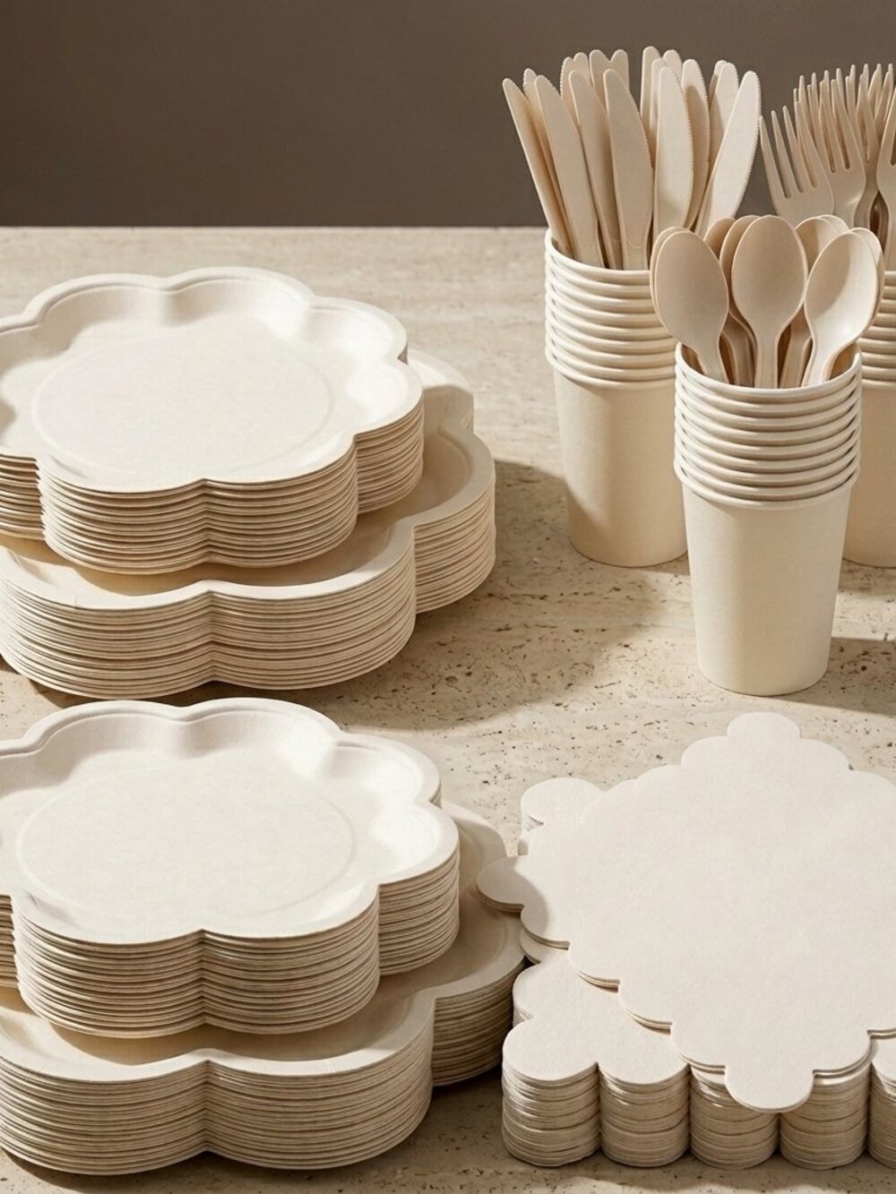 350 Pcs Party Plates and Cups and Napkins Ivory Scalloped Tableware Set
